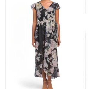 Band Of Gypsies Floral Print Flutter Sleeve Fau Wrap Chiffon High Low Dress